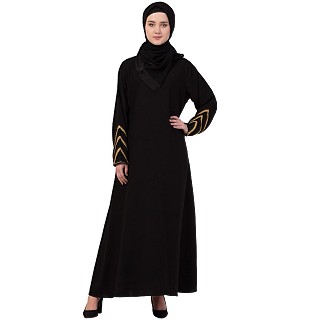 A-line abaya with golden lace at sleeves-Black-golden